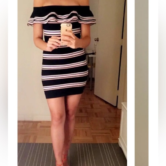 Gianni Bini Black, Blue, White, Burgundy Striped Ruffle Off the Shoulder Dress - Picture 5 of 16